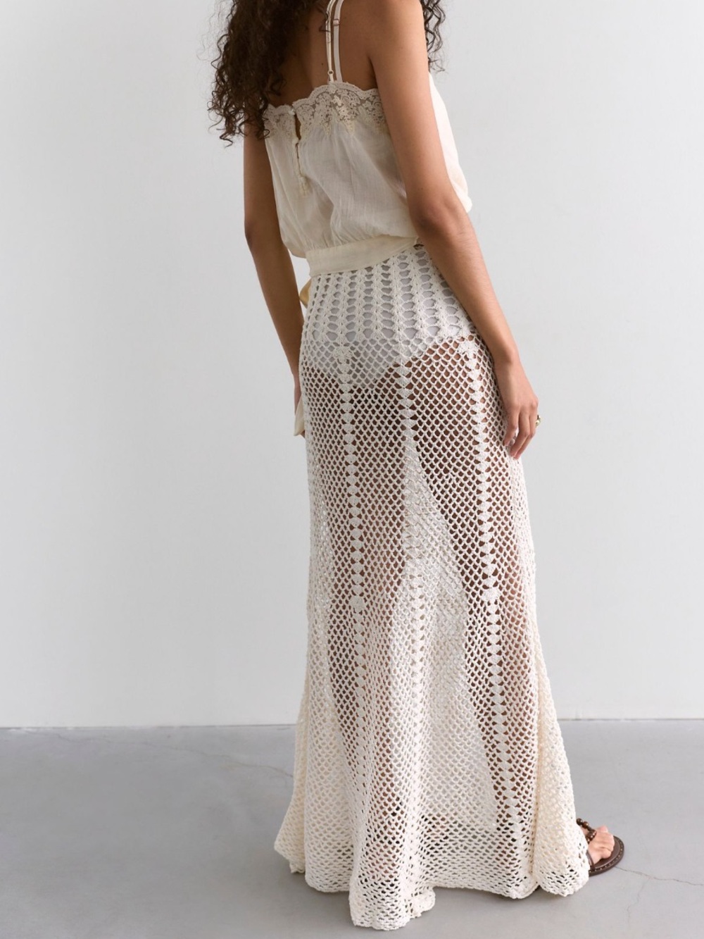 Free People Akoia Pelita Open Knit Mesh Fishnet Crochet Coverup Maxi Skirt L - Picture 2 of 8